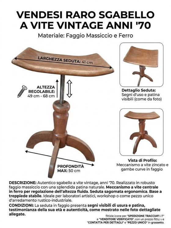 Image 1 of Vintage schroefkruk - jaren 70, gemaakt van massief beukenhout