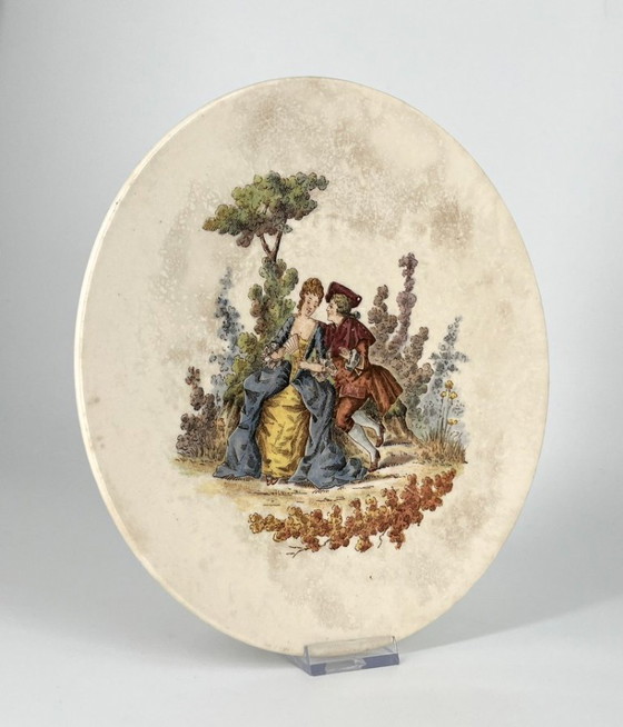 Image 1 of Antique Sarreguemines Decorative Plate – Rococo “Scène Galante” – France c.1900
