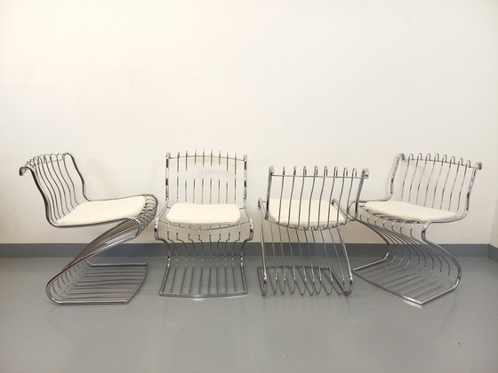 Image 1 of Suite van 4 Gastone Rinaldi Vintage Italiaanse stoelen in verchroomd metaal en Bouclettes stof uit de jaren 70