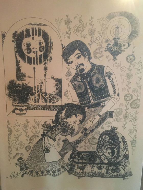 Illustration/signierter Papierdruck, gerahmt, 60er/70er Jahre – Gemälde & Zeichnungen, Paper, Vintage (photo 3 of 10)