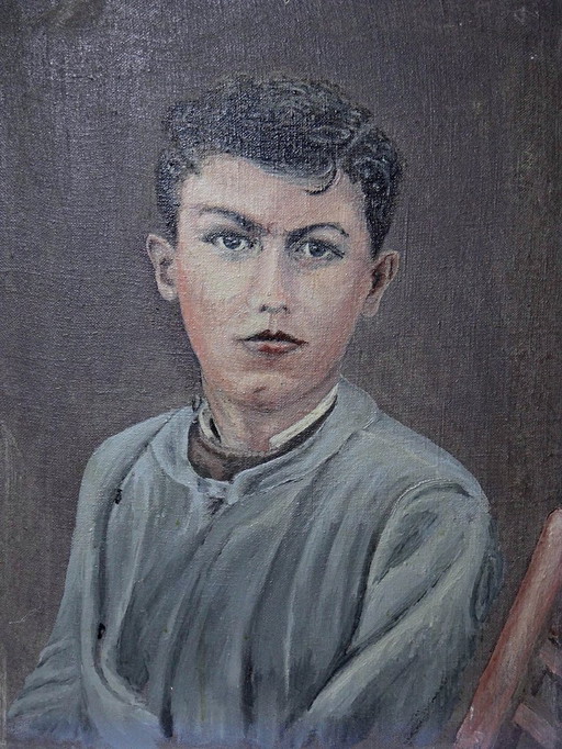 Großes altes Porträt, Öl auf Leinwand, junger Mann in Schuljacke XIX-XX.