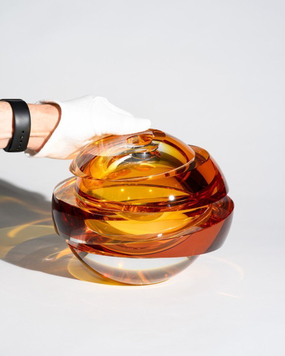 Image 1 of Rosenthal Creative Center "Blockglas" Amber Globe Vase Monumental Optical Glass