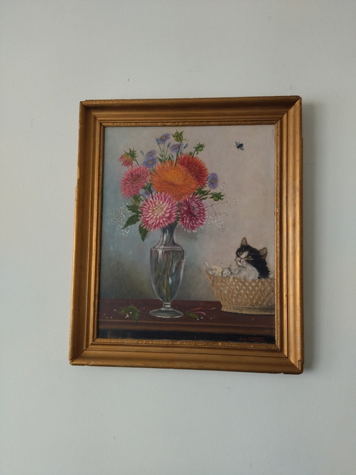 Antique Painting on Panel - Kitten and Flowers - Signed Léon Chevalier – schilderijen tekeningen, Wood, Other (photo 2 of 10)