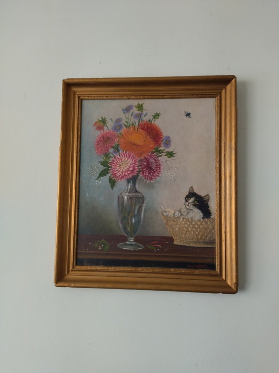 Antique Painting on Panel - Kitten and Flowers - Signed Léon Chevalier – Leon Chevalier, Paintings & Drawings (photo 2 of 10)