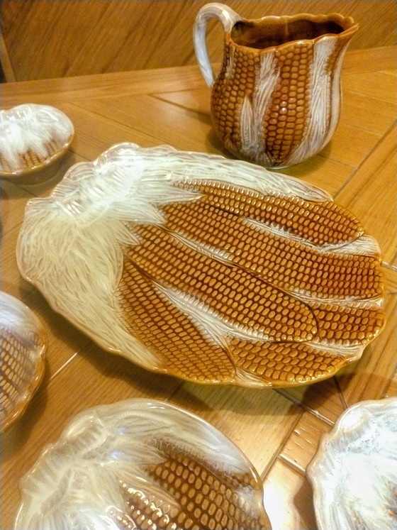 Image 1 of Vintage majolica serveerset in maïskolfmotief – Italica Ars Firenze voor Peasant Village – jaren 1960/1970 –