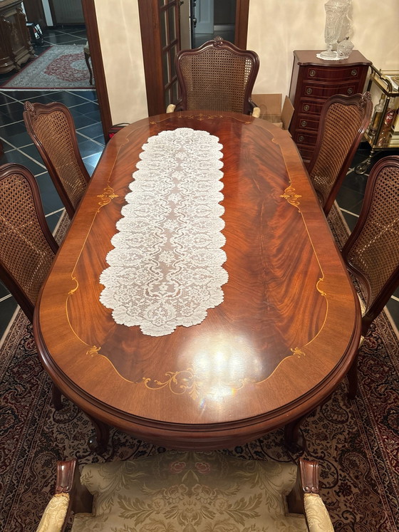 Vintage Italian Baroque Style Dining Table & 6 Cane-Back Chairs - Marquetry Inlay, Dining set, Rattan (photo 2 of 13)