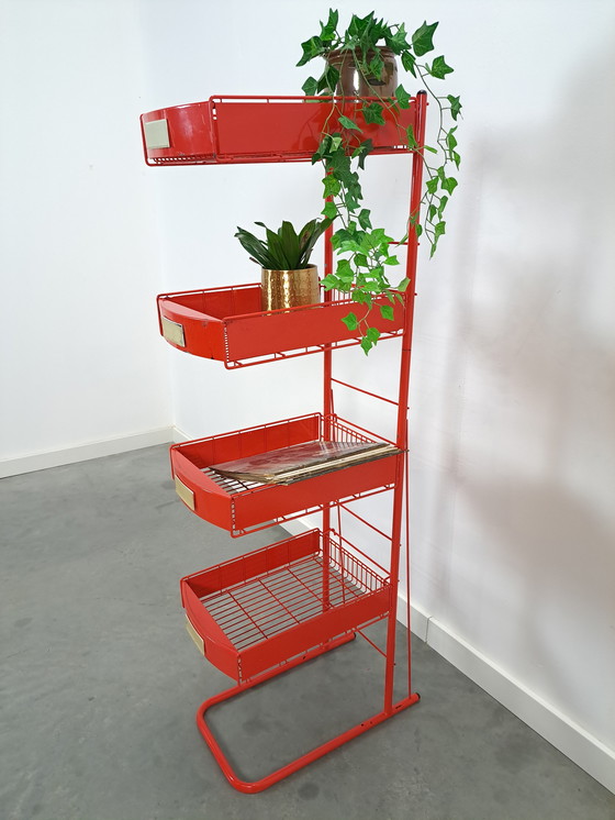 Image 1 of Red Metal Shop Display Case Shop Rack With Baskets Vintage