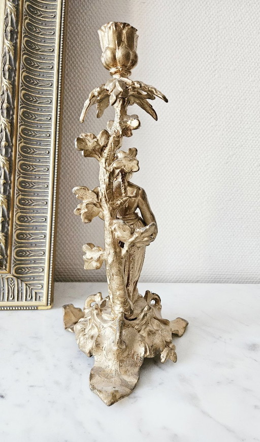 Ancien Bougeoir Bronze Napoléon III Figurine Femme 29 cm Style Rocaille Objet Collection Bon État