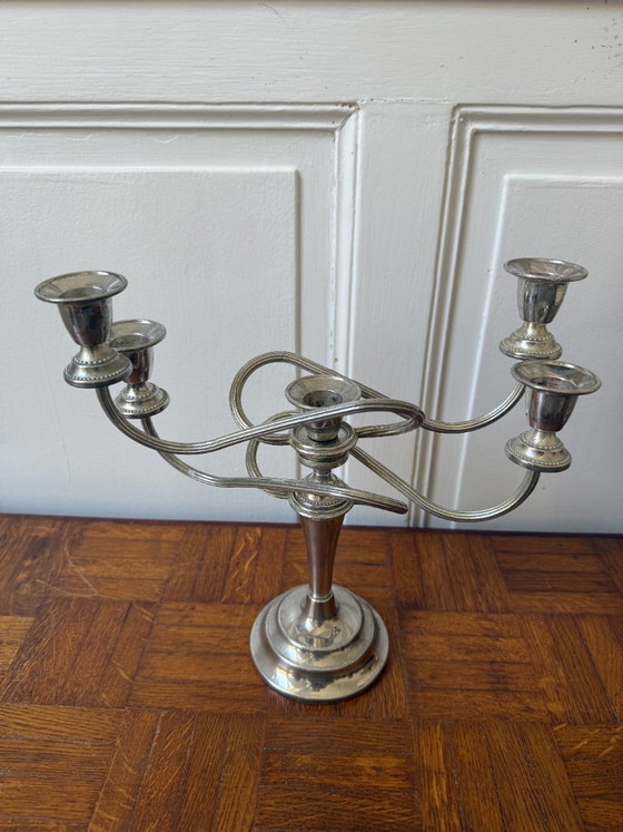 Image 1 of Lámpara de araña de metal plateado, fabricada en Inglaterra, 4 brazos, 5 orificios