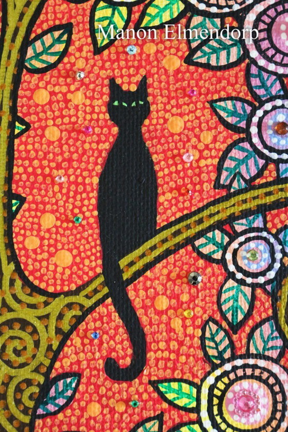 Image 1 of Unique Hand-Painted Small Painting Cat in Tree New