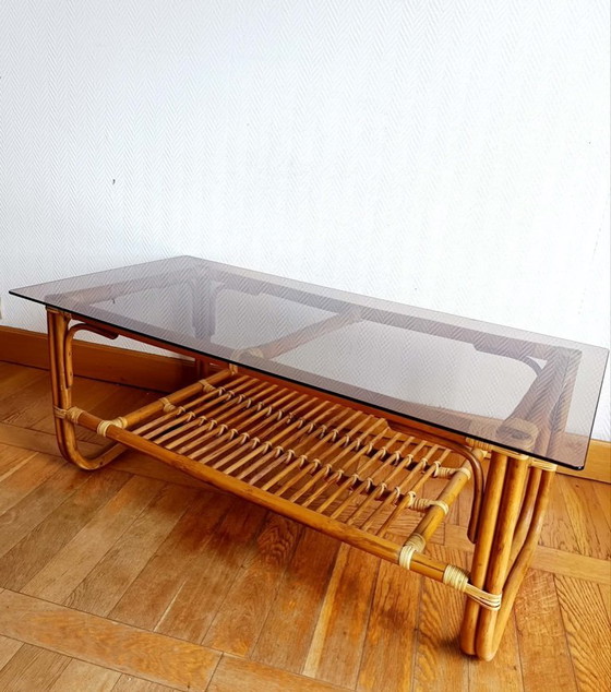 Vintage rotan salontafel uit de jaren 60 – Rattan, Glass (photo 3 of 10)