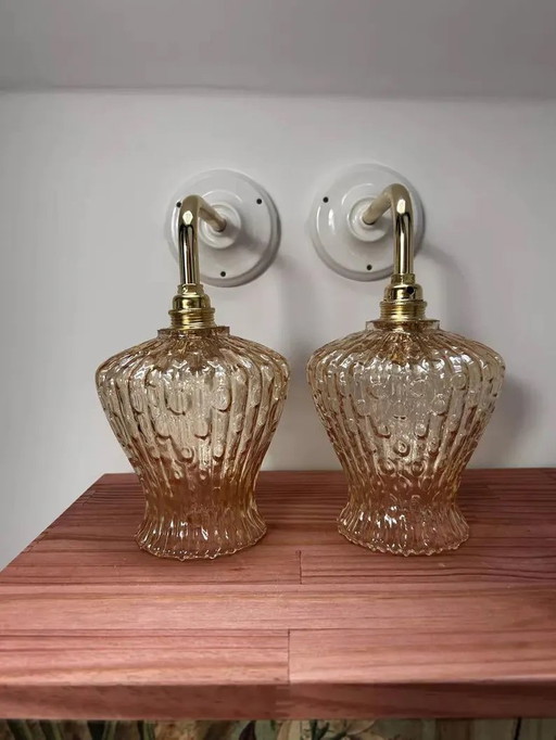 Set Of 2 Gold Glass Wall Sconces