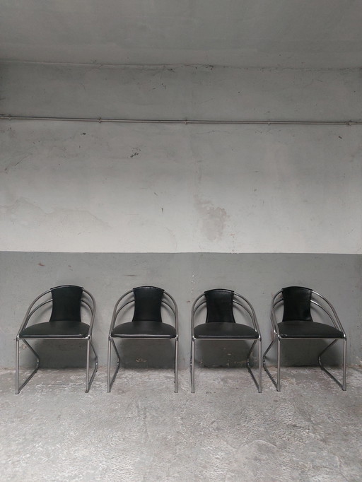4 x Chrome Tubular Black Leather Dining Chairs, Italy 1980