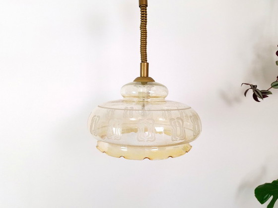 Image 1 of Vintage Amber Pendant Light / Retro Hanging Ceiling Lamp / Mid Century Style Lighting / Ruffled Edge Ceiling Lamp