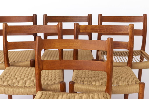 Set of 6 Niels Otto Moller Teak Dining Chairs, Model 84, 1976 – Renewed Cord Seats, Makers Mark, Worldwide Shipping