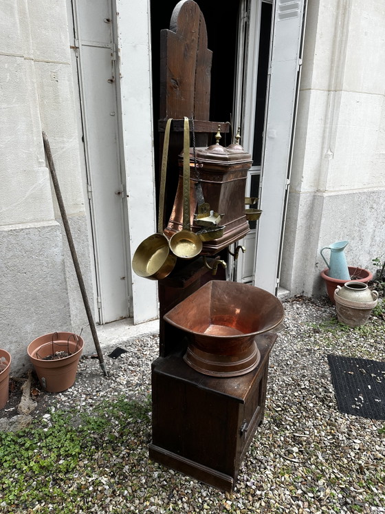Image 1 of Large French Copper and Brass Wall-Mounted Kitchen Fountain with Basin, Early 19th Century