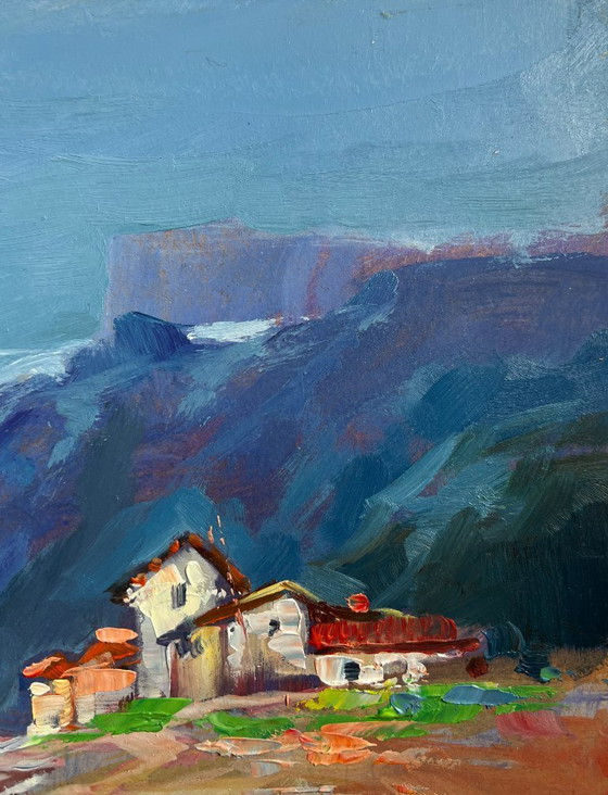 Image 1 of Pintura al óleo original: Paisaje costero rocoso, mar y ambiente acogedor de pueblo.