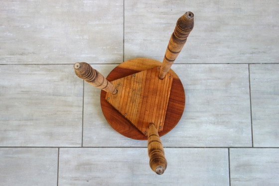 Brutalist Vintage Tripod Stool, France, 1930s, Wood, Brown, Rustic (photo 8 of 8)