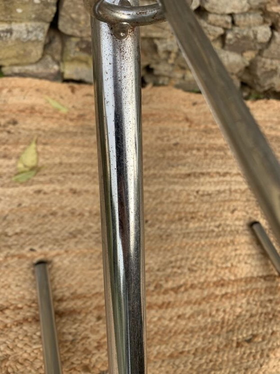 Image 1 of Set van 4 vintage stoelen in blauw imitatieleer en verchroomd metaal