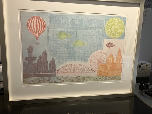 Gerahmte Radierung Annemarie Petri - Nijmegen „Die Überfahrt“ – kunst, Glass, Paper