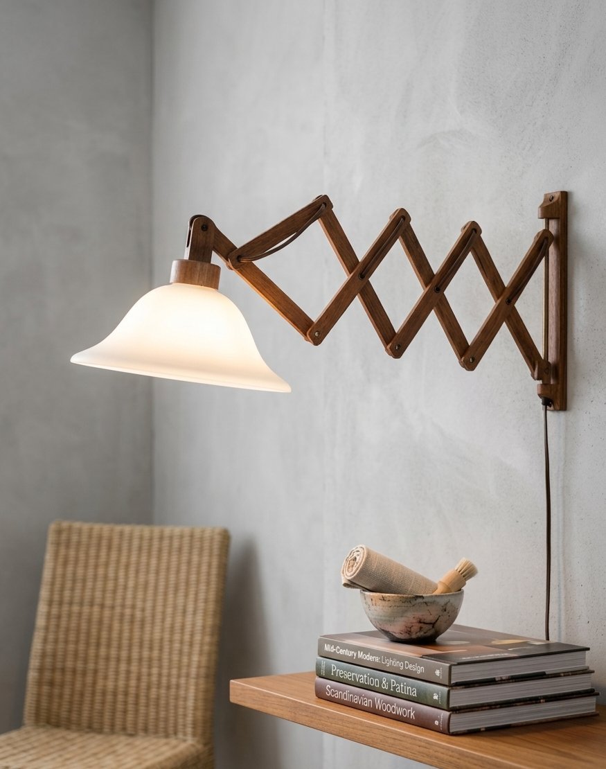 Rare 1960s/70s Mid-Century Dutch Wooden Accordion Wall Lamp with Opaline Tulip Shade – Restoration Project
