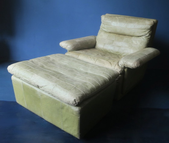 Image 1 of Patchwork Leather Lounge Chair and Ottoman in Olive Green by Laauser, 1970s