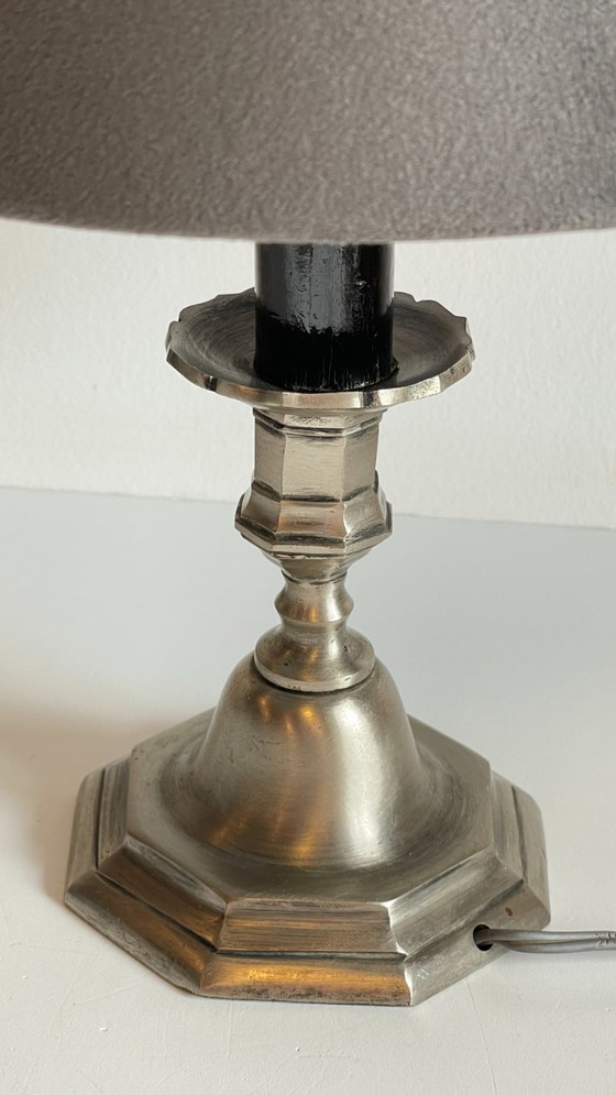 Image 1 of Silver and Velvet Metal Candlestick Lamp
