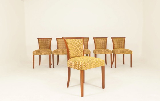 Image 1 of Eetkamerstoelen set van 6 art deco geometrische jacquard gouden honingraat