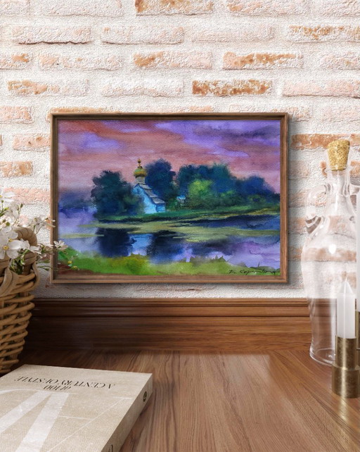 Original Watercolor Painting Nature Landscape Meadow Church Morning over the River – schilderijen tekeningen (photo 2 of 7)