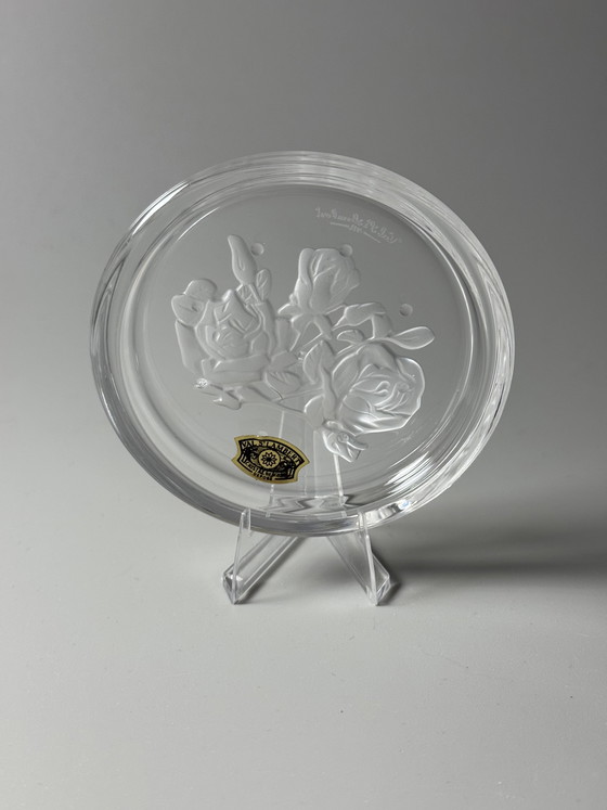 Image 1 of Coffret de 6 sous-verres en cristal Val Saint Lambert « Fleurs » – Motifs floraux – Style années 1950 – En boîte