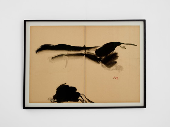 Image 1 of T’ang Haywen signed diptych ink on beige paper 1970