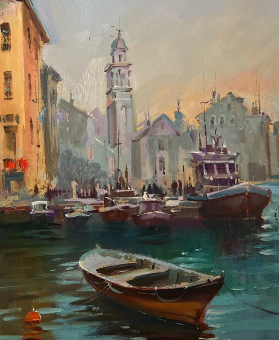 Image 1 of Original Oil Painting Coastal City Landscape Walking tour of the Venetian city