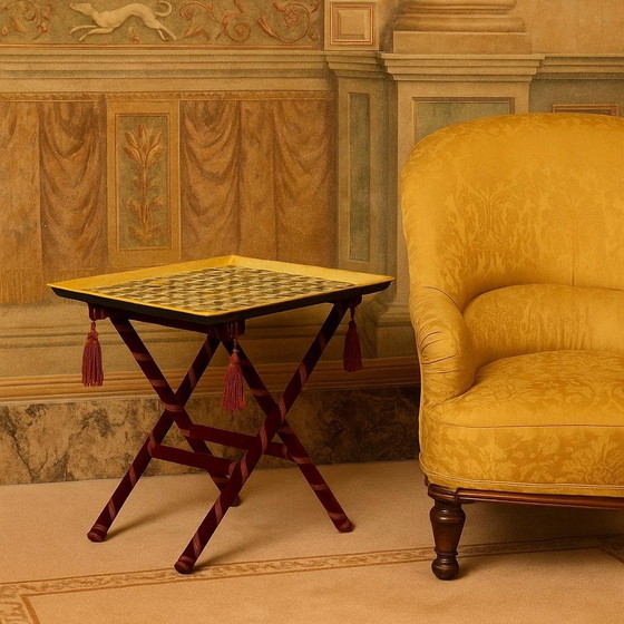 Vassoio araldico di Piero Fornasetti, montato come tavolo su base Foldes, anni '50 – Tavolini, Wood, Velvet (photo 20 of 20)