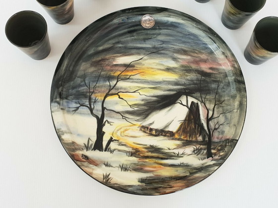 Image 1 of ENSEMBLE 1950 PLATEAU CARAFE & VERRES VINTAGE CERAMIQUE MONACO MONACERA 50S 50'S