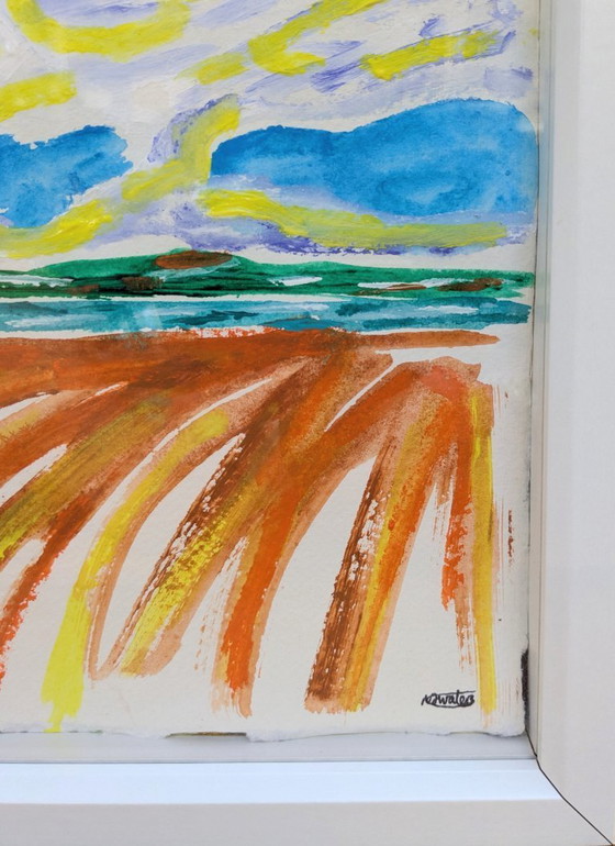 Image 1 of EXMOUTH TOWARDS DAWLISH SEASCAPE PAINTING PAPER NIGEL WATERS ART FRAMED