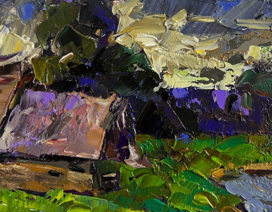 Image 1 of Original Oil Painting Sunset Village Landscape Evening cold breeze