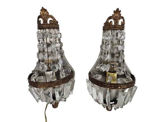 Image 1 of Hollywood Regency Style - 2 Wall Lights - Gold plated - Crystal - 60's