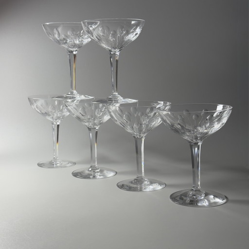Val Saint Lambert Nestor “Hamlet” Cut – Set van 6 handgeslepen Art Deco kristallen champagne-/sorbetglazen, België, catalogus 19