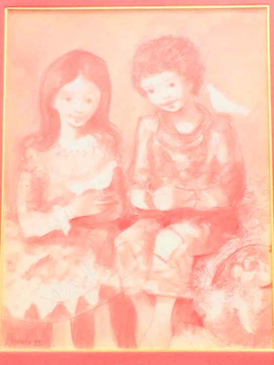 Image 1 of Alvarido, Red Chalk: 'Children' 70s Vintage *