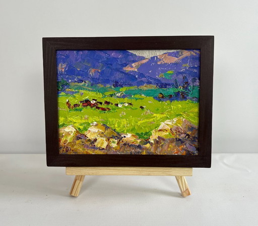 Original Oil Painting Spring Field Landscape In the spring meadows