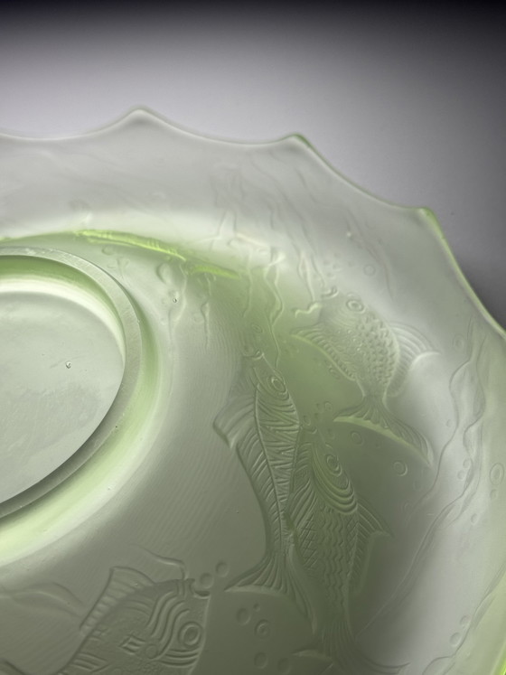 Image 1 of August Walther & Söhne “Arabella” Uranium Glass Centerpiece Bowl – Art Deco Fish Decor – 1930s Germany