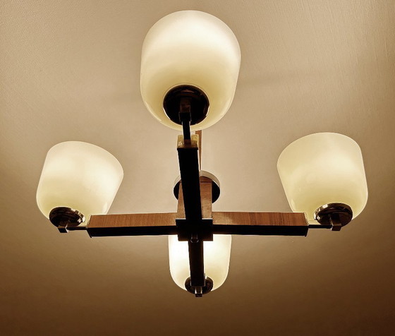 Image 1 of Lampe pendante Art Déco en bois et verre chromé