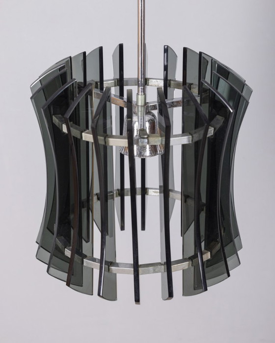 Image 1 of Vintage 1960s metal and smoked glass chandelier, designed by Veca