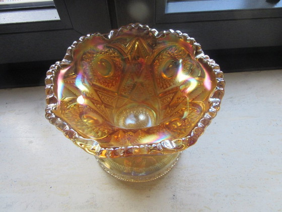 Carnival Cuenco de cristal iridiscente con borde ondulado, Vidrio, Naranja, Vintage (foto 3 de 10)