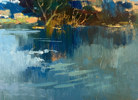 Image 1 of Peinture à l'huile originale représentant un paysage de rivière en été, reflet de la nature