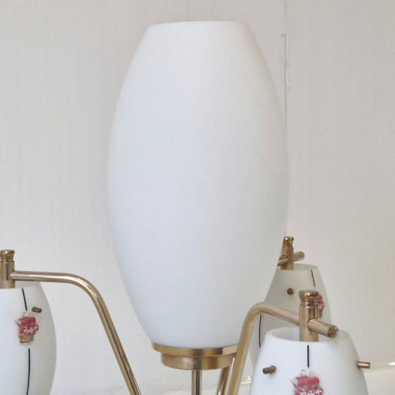 Image 1 of Vintage 1950s Floor Lamp by Maison Arlus, Metal, Brass & Opal Glass, 50s Rockabilly