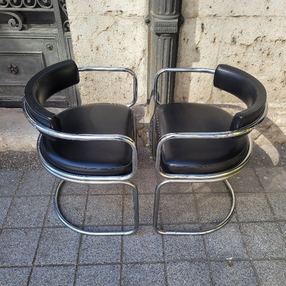 Image 1 of Coppia di poltrone Bauhaus, acciaio cromato e pelle nera, Movimento Moderno, anni '70 – Svizzera