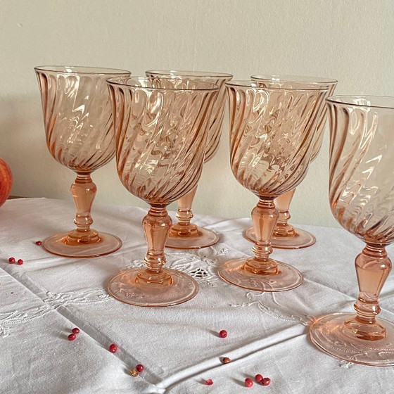 Image 1 of 6 bicchieri da vino/acqua vintage Rosaline Luminarc France con stelo rosa, 10 cl