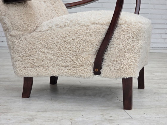 1960s, Danish high-back armchair, genuine sheepskin, reupholstered. – Wood (photo 21 of 22)