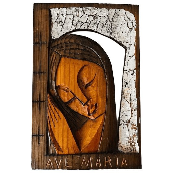 Image 1 of Targa da parete in legno raffigurante la Vergine Maria, intagliata a mano, decorazione da parete, anni '70